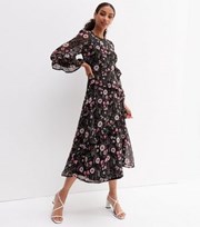 New Look Black Floral Chiffon Frill Trim Midi Dress